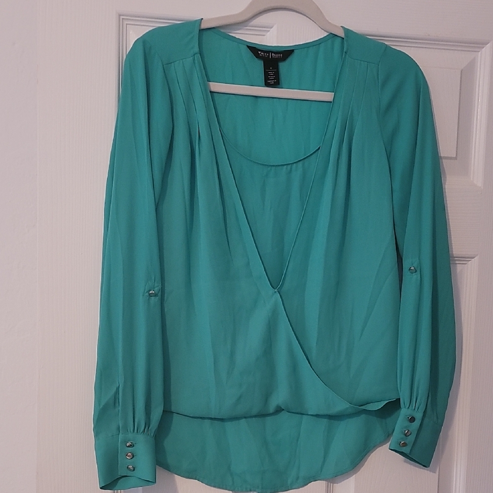 White House Black Market Green Surplice Long-Sleeve Blouse